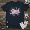 Navy t-shirt with the name Dua in a retro pink and yellow script font, surrounded by a teal starburst graphic