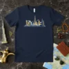 Dubai skyline design with iconic buildings and text "Dubai" on a navy t-shirt