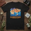 Dubrovnik Southern Croatia t-shirt design featuring a walled city by the sea with a sailing ship