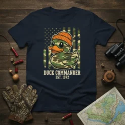 Duck Commander Est. 1972 T-Shirt featuring a camouflage duck and American flag design