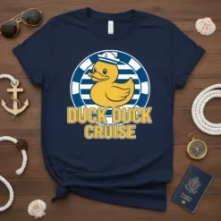 Duck Duck Cruise t-shirt design featuring a sailor duck graphic and bold yellow text on a navy shirt