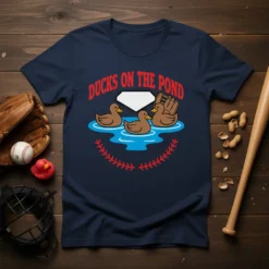 Ducks On The Pond text and cartoon ducks in water graphic on a navy t-shirt, baseball theme