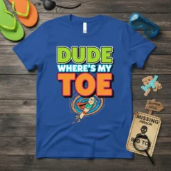 Dude Where's My Toe funny quote t-shirt with cartoon character