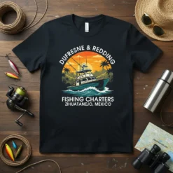 Dufresne & Redding Fishing Charters Zihuatanejo Mexico t-shirt design featuring a fishing boat at sunset with palm trees and ocean