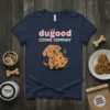 Dugood Cookie Company t-shirt design with a cartoon dog holding a bitten cookie and the text "dugood COOKIE COMPANY"