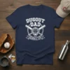 Dugout Dad Baseball Life text design with crossed bats and catcher's mask on a navy t-shirt