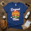 Dugout Mom t-shirt with baseball graphic and sunset design, featuring crossed bats and home plate