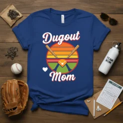 Dugout Mom t-shirt with baseball graphic and sunset design, featuring crossed bats and home plate