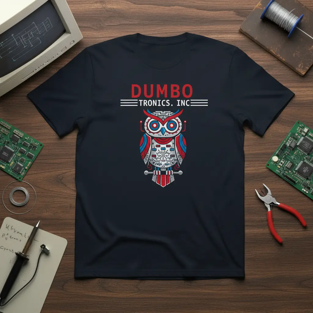 DUMBO TRONICS INC. robotic owl logo t-shirt with circuit board details and red, white, blue design
