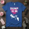 Blue t-shirt with "DUMP HIM" text inside a broken pink heart graphic, a cartoon character falling off a cliff