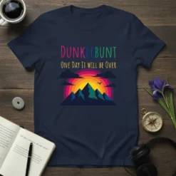Dunkelbunt One Day It Will Be Over quote on a navy t-shirt with a colorful mountain sunset graphic