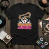Dunkie Junkie text with coffee cup and steam graphic on a black t-shirt