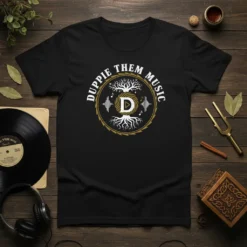 Duppie Them Music t-shirt with circular logo featuring a stylized 'D', tree of life, musical notes, and sound waves