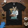 DVM Doctor of Veterinary Medicine t-shirt with a cat wearing a stethoscope and holding a book, featuring medical caduceus symbol