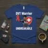 DVT Warrior Unbreakable t-shirt design with a female warrior holding a red DVT awareness ribbon and shield with a cross