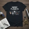 Dwarf Planets T-Shirt with Pluto, Eris, Ceres, and Makemake graphics and text, dark navy blue color