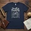 Dwell in Possibility Emily Dickinson quote t-shirt with a galaxy doorway graphic in white line art