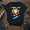 Dynamic Flow Urban Energy t-shirt featuring a circular cityscape design with a winding river and sunset