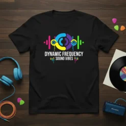 Dynamic Frequency Sound Vibes text with colorful equalizer graphic on a black t-shirt