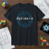 Dyslexia awareness t-shirt featuring the word "dyslexia" in white text within a blue geometric network design