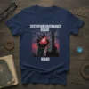 Navy t-shirt with "Dystopian Governance Board" text, a gloved hand holding a glowing orb, and a tall, imposing building under