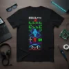 Black t-shirt featuring the E011L=+ binary code design with pixelated human figures and abstract shapes in green, purple, and red