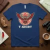 Eagle tribal design t-shirt featuring a central eagle in red and black with intricate circular patterns, text "T-SHIRT" below