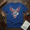 Eagle and wolf combined in indigenous art style on a blue t-shirt, Eagle Wolf Spirit Design