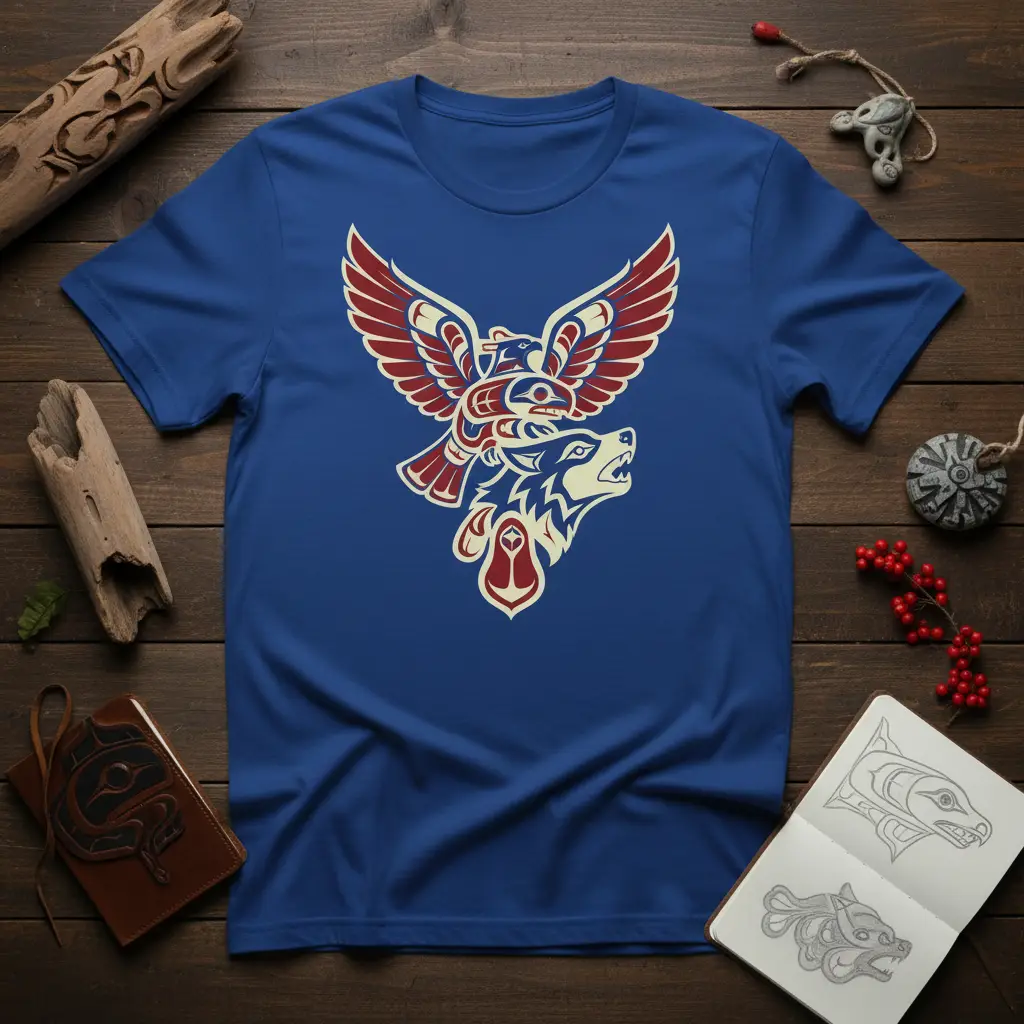 Eagle and wolf graphic in a traditional indigenous art style on a royal blue t-shirt, Eagle Wolf Spirit Design
