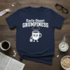 Early Onset GRUMPINESS t-shirt with a grumpy coffee mug and alarm clock graphic, white text, navy shirt