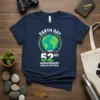 Navy t-shirt with "Earth Day 52nd Anniversary April 22 1970/2022" text and a graphic of the Earth surrounded by leaves