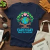 Earth Day Save The Nature t-shirt design featuring the planet Earth cradled by tree roots and hands, with green leaves