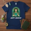 EARTH GODDESS t-shirt design featuring a woman holding the earth, surrounded by floral elements in a stained-glass style