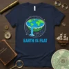 Flat Earth Is Flat t-shirt design featuring a flat Earth illustration with water falling off the edge, text "EARTH IS