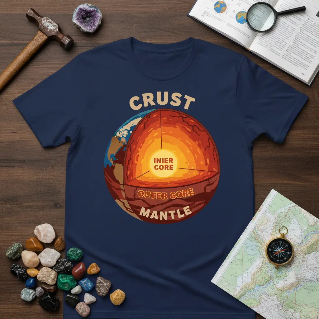 Detailed Earth Layers Diagram T-Shirt with text labels for Crust, Inner Core, Outer Core, and Mantle