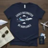 Navy t-shirt with white text "Easily Distracted By Airplanes" and a graphic of a jet airplane in flight