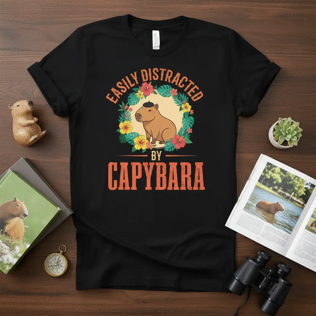 Easily Distracted By Capybara quote with a cute illustrated capybara in a tropical flower wreath on a black tee