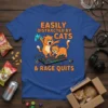 Easily Distracted By Cats & Rage Quits text with cartoon cats playing keyboard and holding controller on a t-shirt