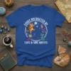 Easily Distracted By Cats & Side Quests t-shirt featuring cartoon cats in fantasy attire playing with yarn and holding magical