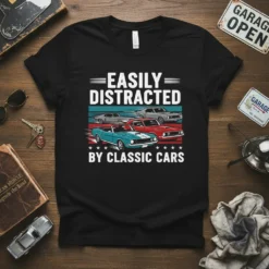 Black t-shirt with white text "EASILY DISTRACTED BY CLASSIC CARS" above a graphic of four classic cars in red, blue