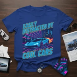 Easily Distracted By Cool Cars text with a blue sports car graphic on a royal blue t-shirt