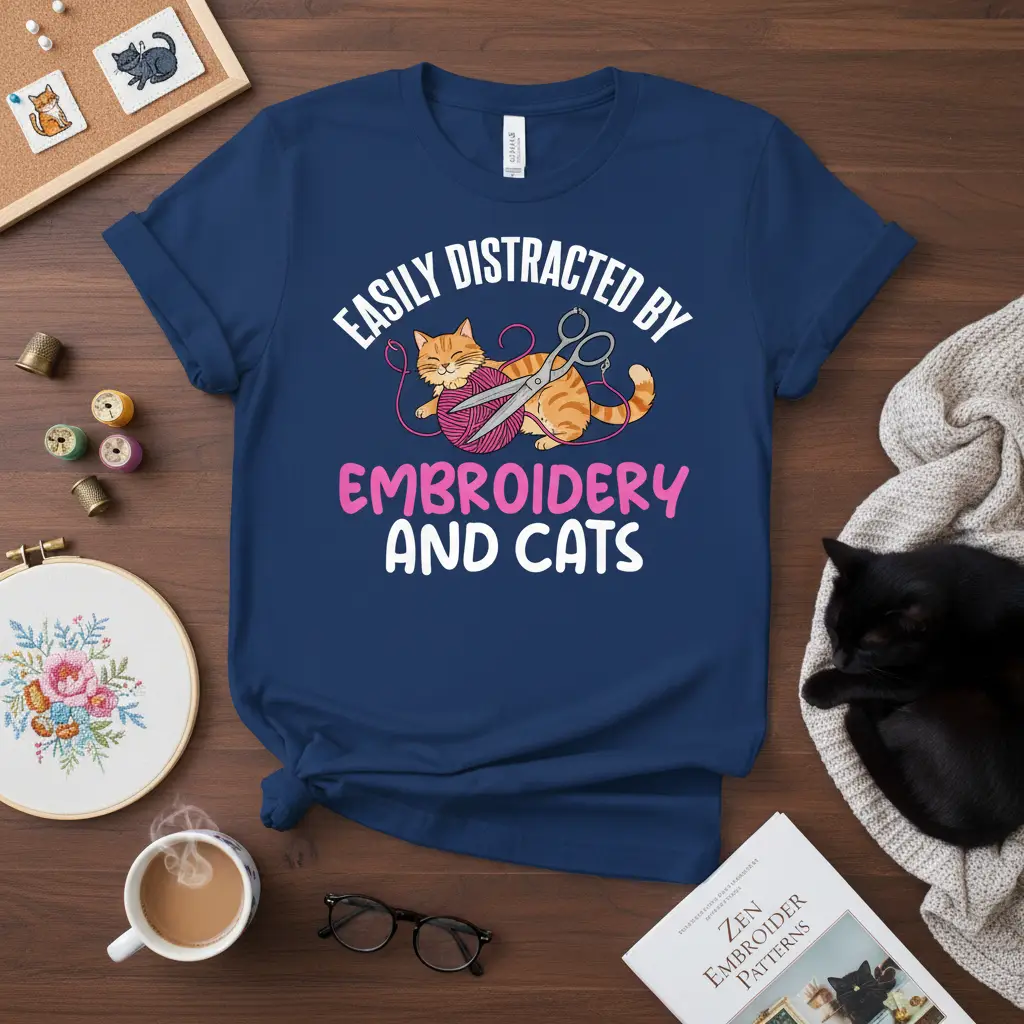 Easily Distracted By Embroidery And Cats text design with cute cat illustration for crafters
