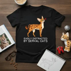 Black t-shirt with cartoon serval cat graphic and the text "Easily Distracted By Serval Cats" in white sans-serif font