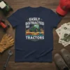 Easily Distracted By Tractors text with green tractor graphic and smaller tractors below, vintage style