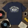 East Village 10009 New York City text with skyline graphic on navy blue t-shirt