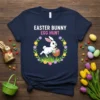 Easter Bunny Egg Hunt text with a cute bunny carrying a basket of eggs, surrounded by a floral wreath