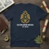 Eastern Empire Heritage Est. 395 AD text with a gold double-headed eagle crest on a navy blue t-shirt
