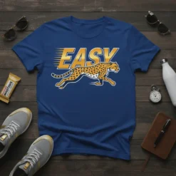 EASY text above a running cheetah graphic on a blue t-shirt, representing speed and motivation