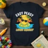Easy Peasy Lemon Squeezy text with a cartoon lemon wearing sunglasses on a float, set against a tropical sunset graphic