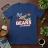 Navy blue t-shirt with "Eat BEANS not BEINGS" slogan, featuring a cartoon spaceship dropping beans and a group of aliens